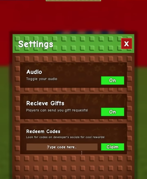 Grow a Garden redeem codes location in game settings menu - step by step screenshot showing where to find the code input field